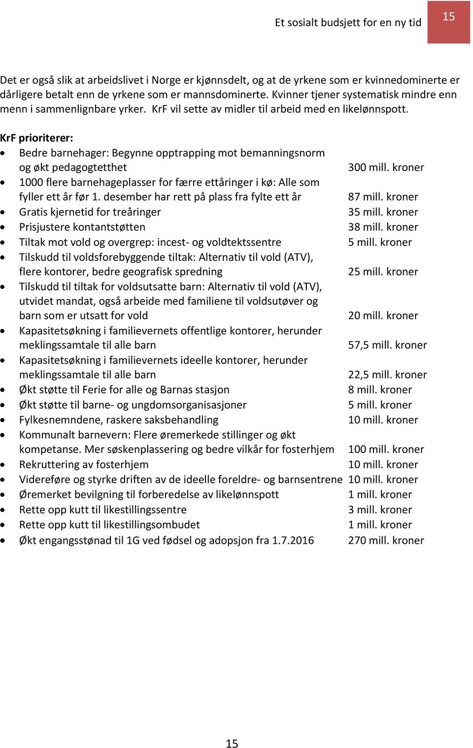 KrF prioriterer: Bedre barnehager: Begynne opptrapping mot bemanningsnorm og økt pedagogtetthet 300 mill. kroner 1000 flere barnehageplasser for færre ettåringer i kø: Alle som fyller ett år før 1.