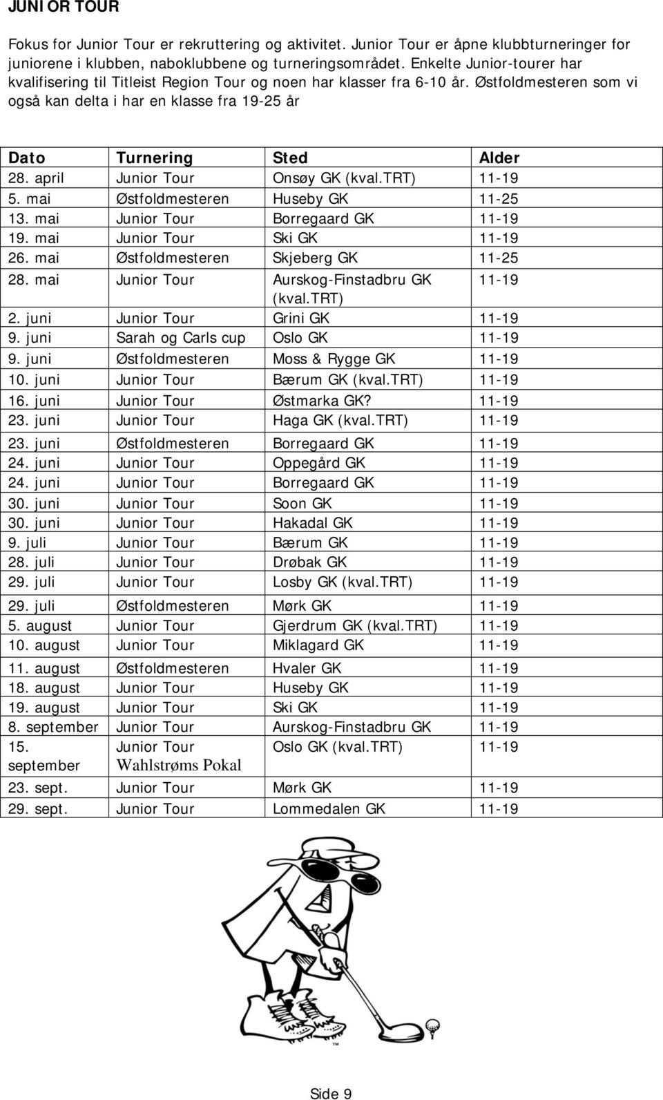 april Junior Tour Onsøy GK (kval.trt) 11-19 5. mai Østfoldmesteren Huseby GK 11-25 13. mai Junior Tour Borregaard GK 11-19 19. mai Junior Tour Ski GK 11-19 26.