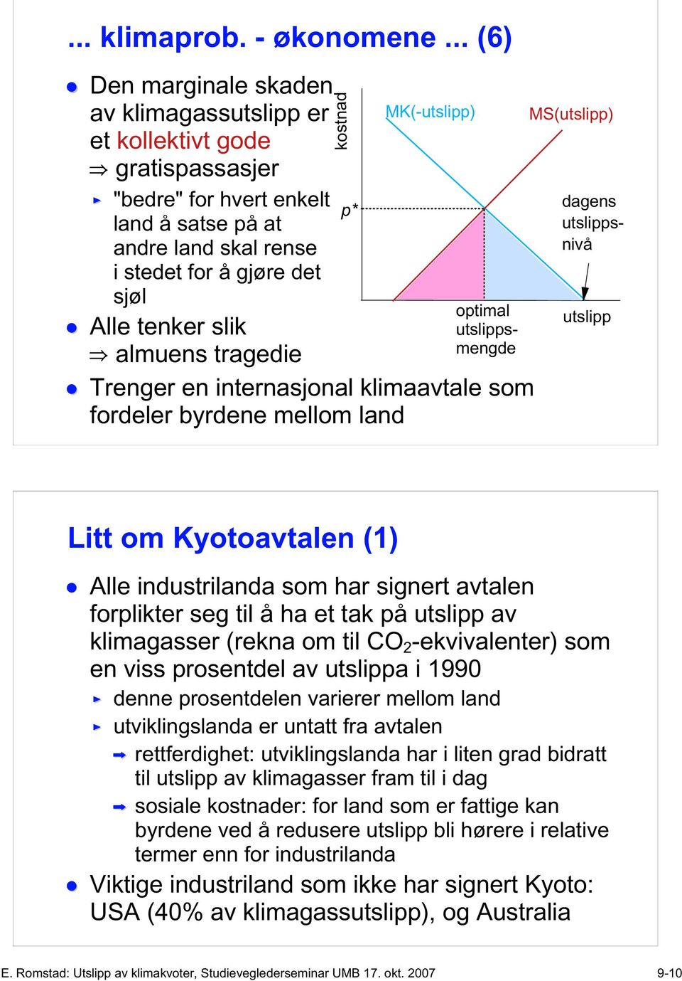 tragedie Trenger en internasjonal klimaavtale som fordeler byrdene mellom land MK(-) optimal smengde MS() snivå Litt om Kyotoavtalen (1) Alle industrilanda som har signert avtalen forplikter seg til