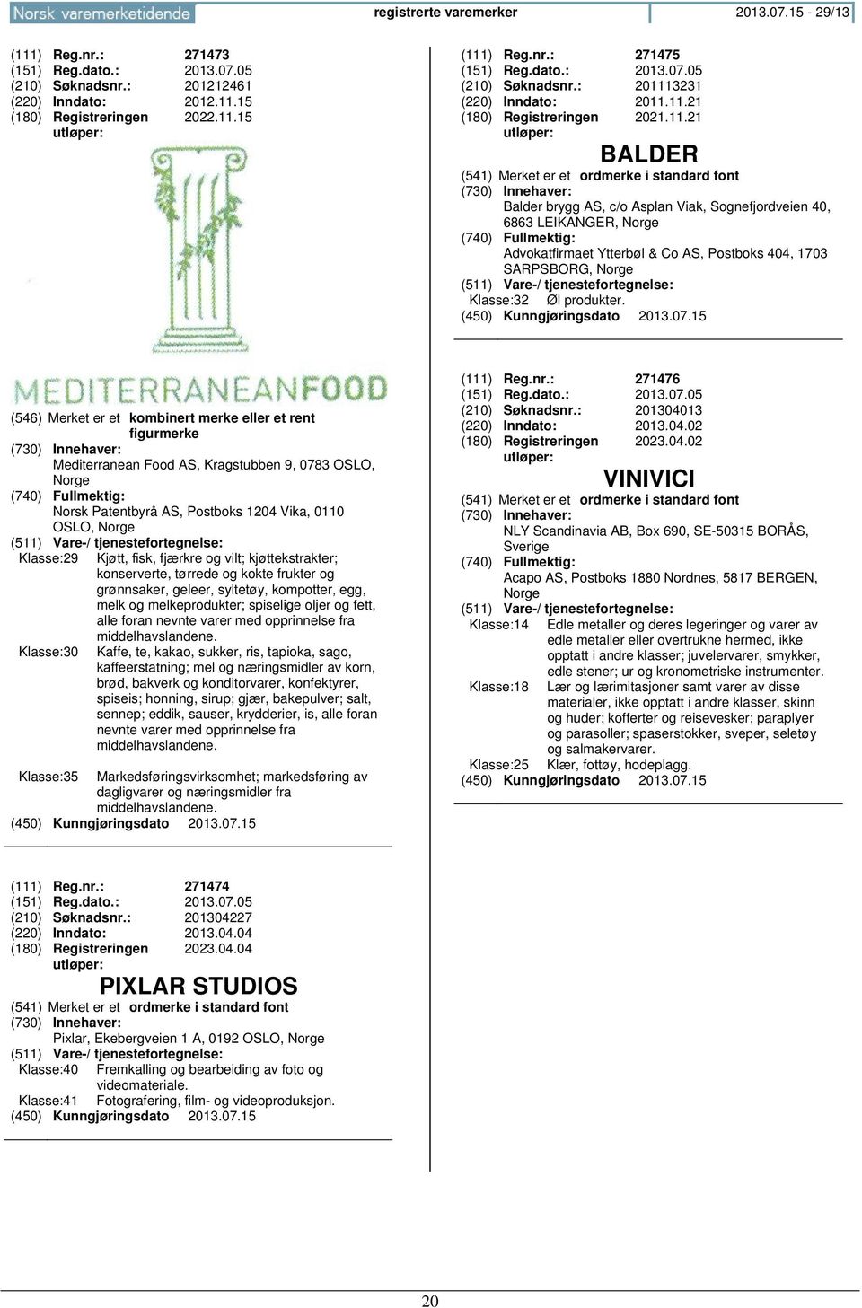 Mediterranean Food AS, Kragstubben 9, 0783 OSLO, Norge Norsk Patentbyrå AS, Postboks 1204 Vika, 0110 OSLO, Norge Klasse:29 Kjøtt, fisk, fjærkre og vilt; kjøttekstrakter; konserverte, tørrede og kokte