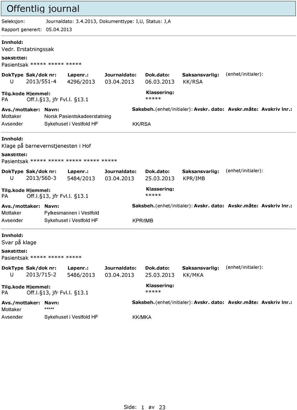 : Mottaker Norsk Pasientskadeerstatning KK/RSA Klage på barnevernstjenesten i Hof Pasientsak 2013/560-3 5484/2013 KPR/MB Avs./mottaker: Navn: Saksbeh.