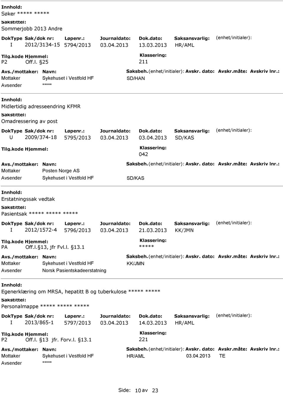 : Mottaker Posten Norge AS SD/KAS Erstatningssak vedtak Pasientsak 2012/1572-4 5796/2013 21.03.2013 KK/JMN Avs./mottaker: Navn: Saksbeh. Avskr. dato: Avskr.