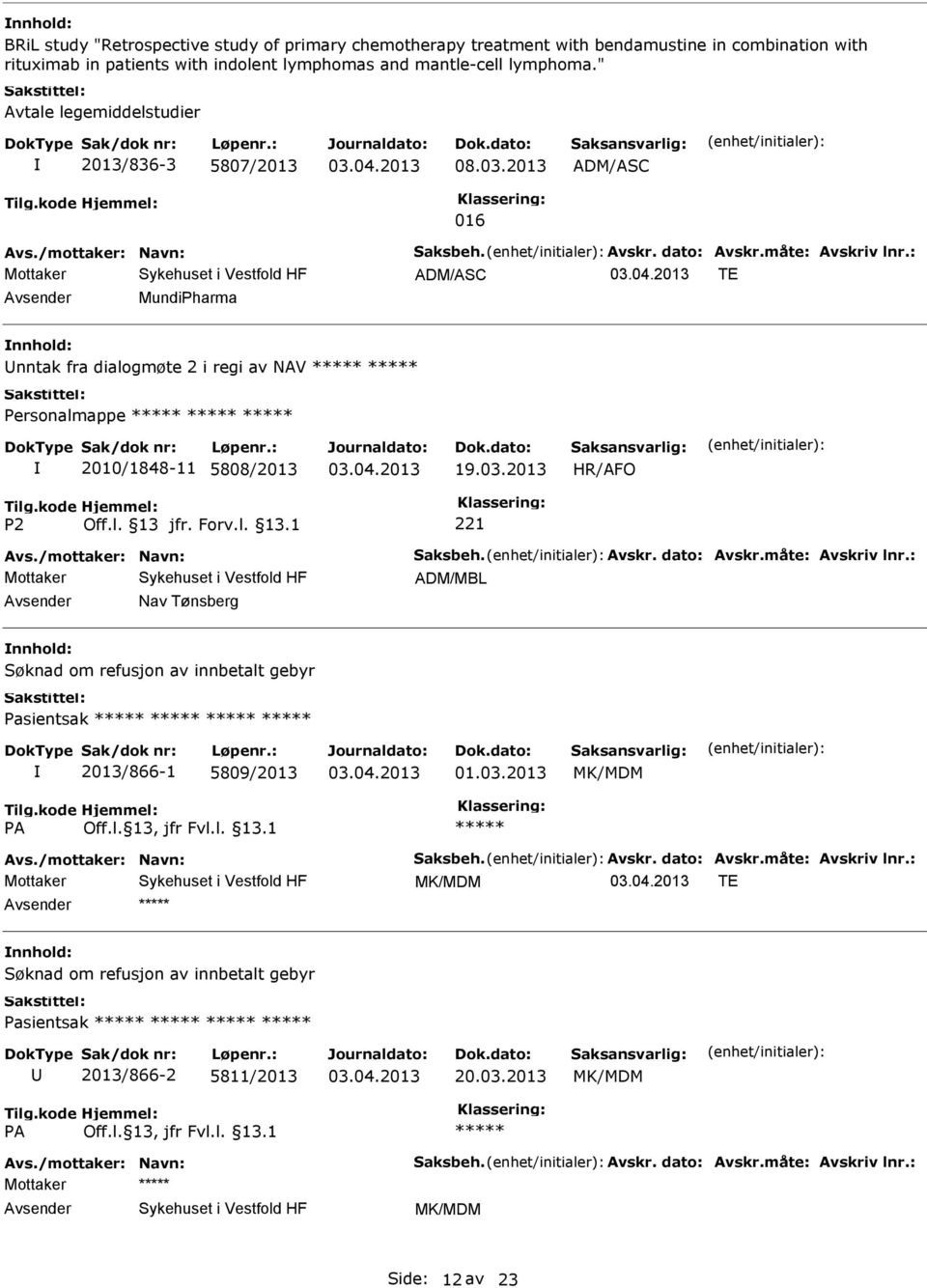 : ADM/ASC TE MundiPharma nntak fra dialogmøte 2 i regi av NAV 2010/1848-11 5808/2013 19.03.2013 HR/AFO Avs./mottaker: Navn: Saksbeh. Avskr. dato: Avskr.måte: Avskriv lnr.