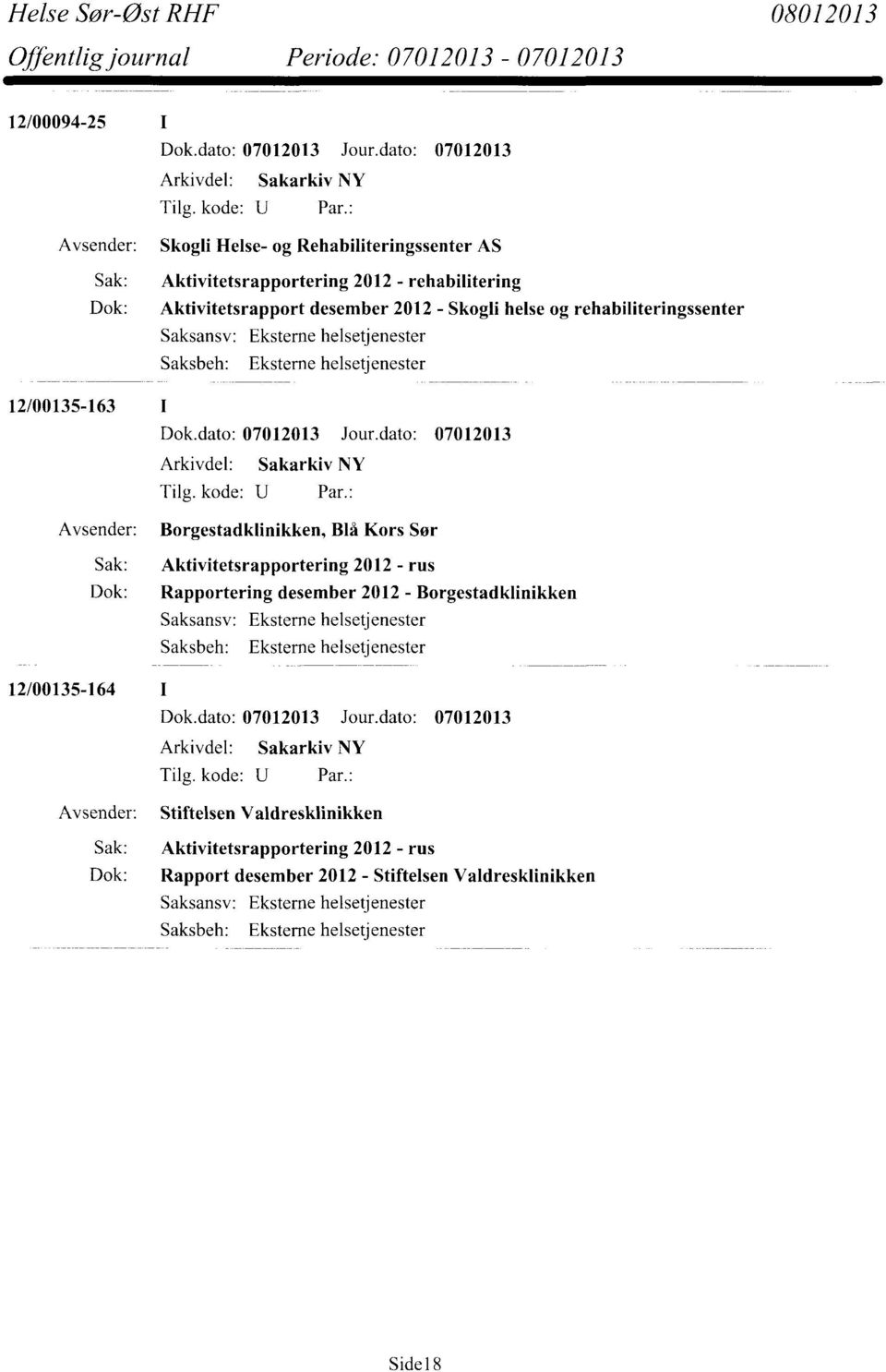 rehabiliteringssenter Eksterne helsetjenester Eksterne helsetjenester 12/00135-163 Dok.dato: 07012013 Jour.