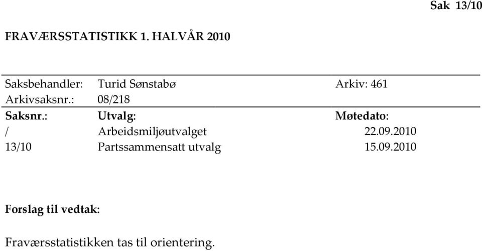 : 08/218 Saksnr.: Utvalg: Møtedato: / Arbeidsmiljøutvalget 22.09.