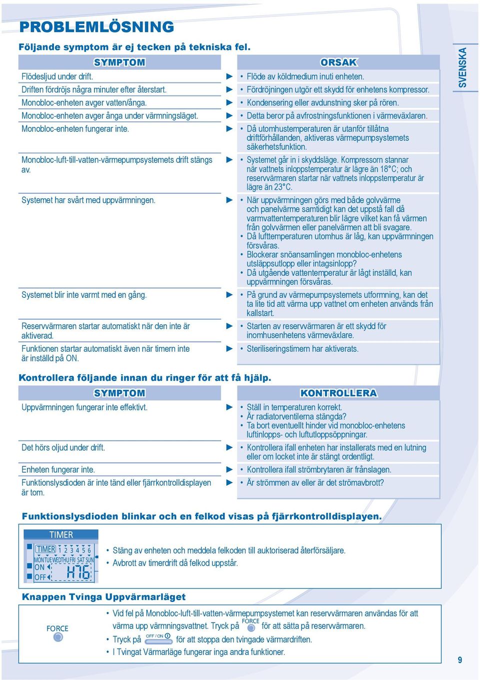 Systemet blir inte varmt med en gång. Reservvärmaren startar automatiskt när den inte är aktiverad. Funktionen startar automatiskt även när timern inte är inställd på.