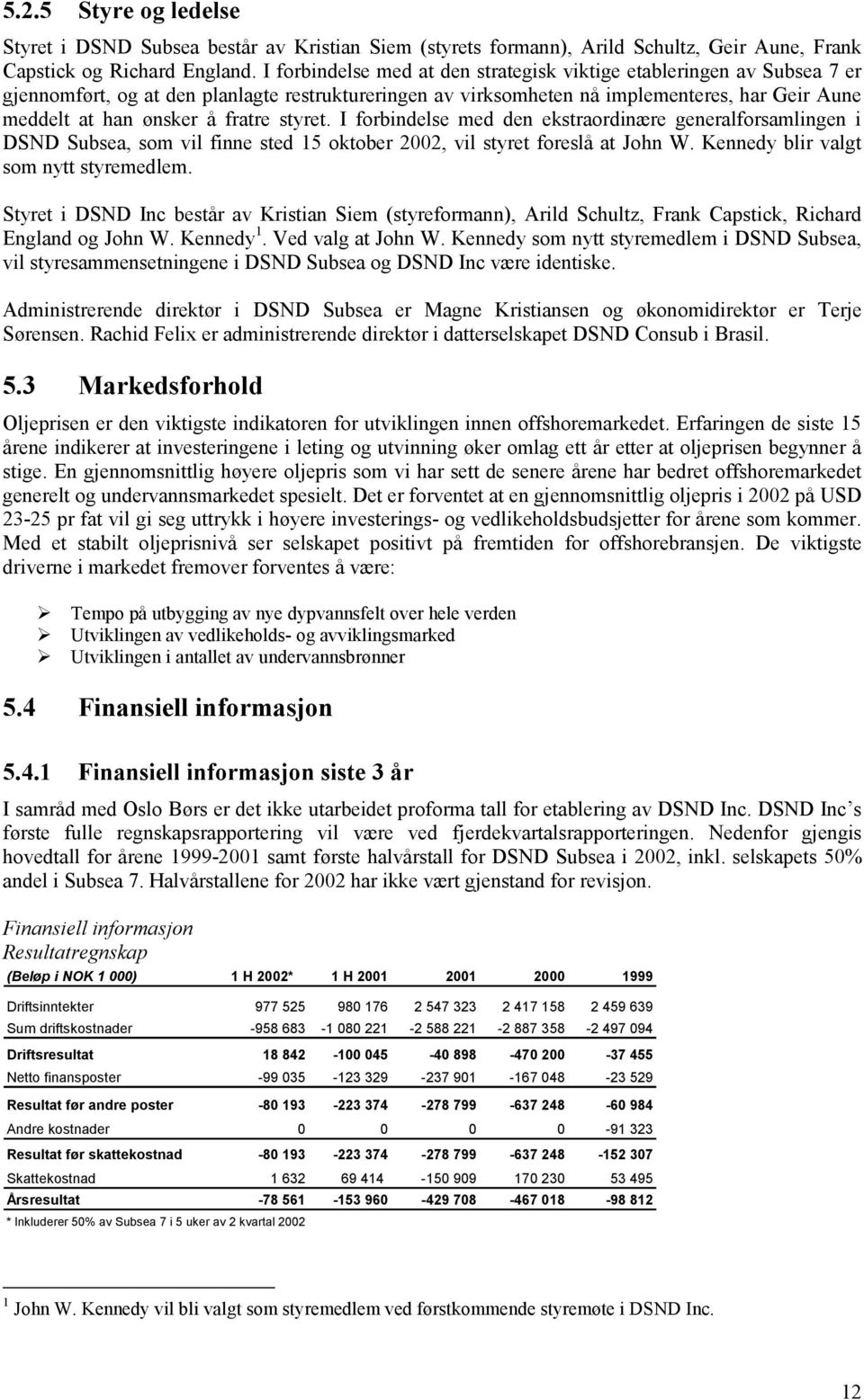 fratre styret. I forbindelse med den ekstraordinære generalforsamlingen i DSND Subsea, som vil finne sted 15 oktober 2002, vil styret foreslå at John W. Kennedy blir valgt som nytt styremedlem.