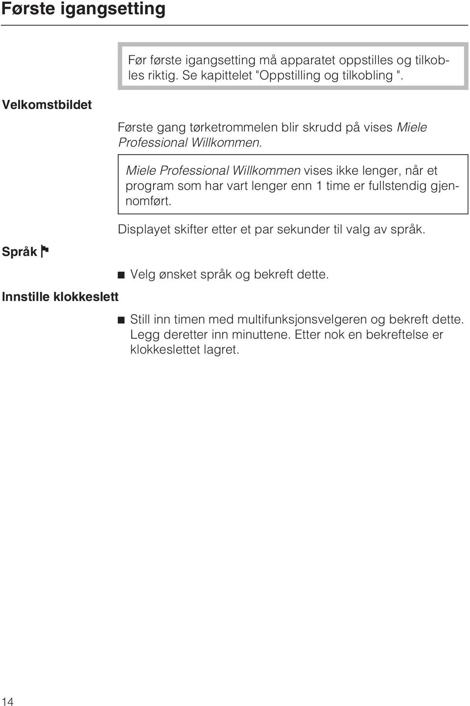 Miele Professional Willkommen vises ikke lenger, når et program som har vart lenger enn 1 time er fullstendig gjennomført.