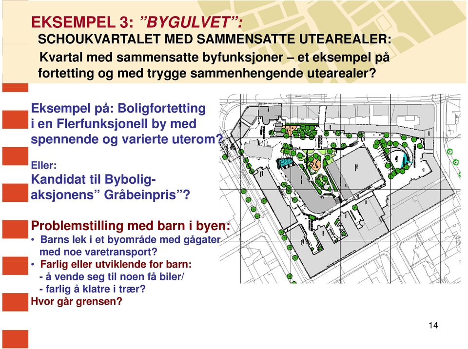 Eksempel på: Boligfortetting i en Flerfunksjonell by med spennende og varierte uterom?