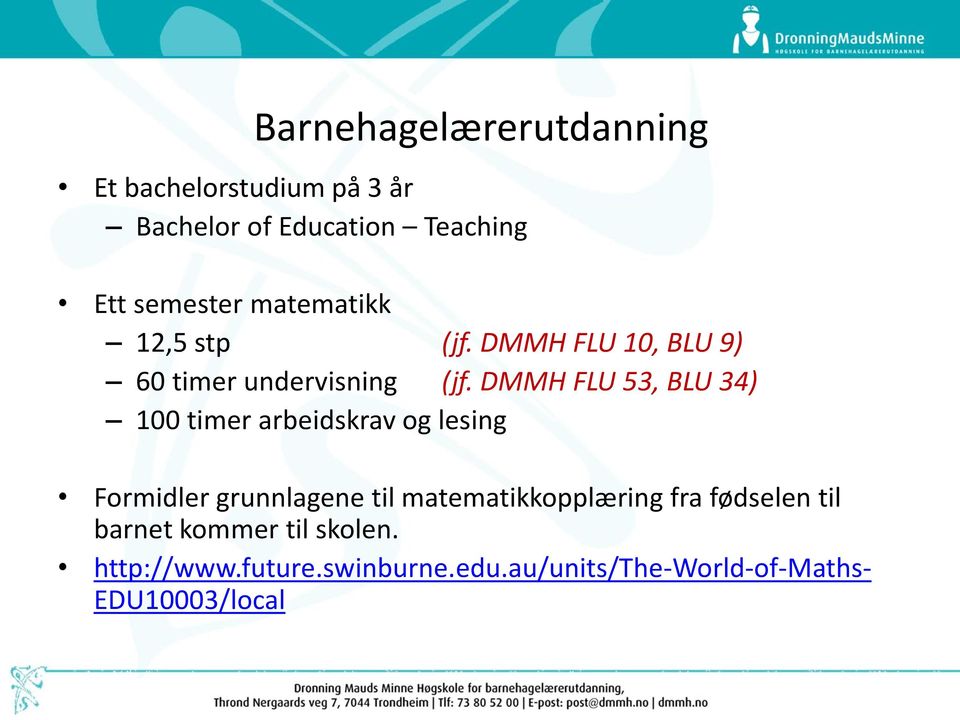 DMMH FLU 53, BLU 34) 100 timer arbeidskrav og lesing Formidler grunnlagene til