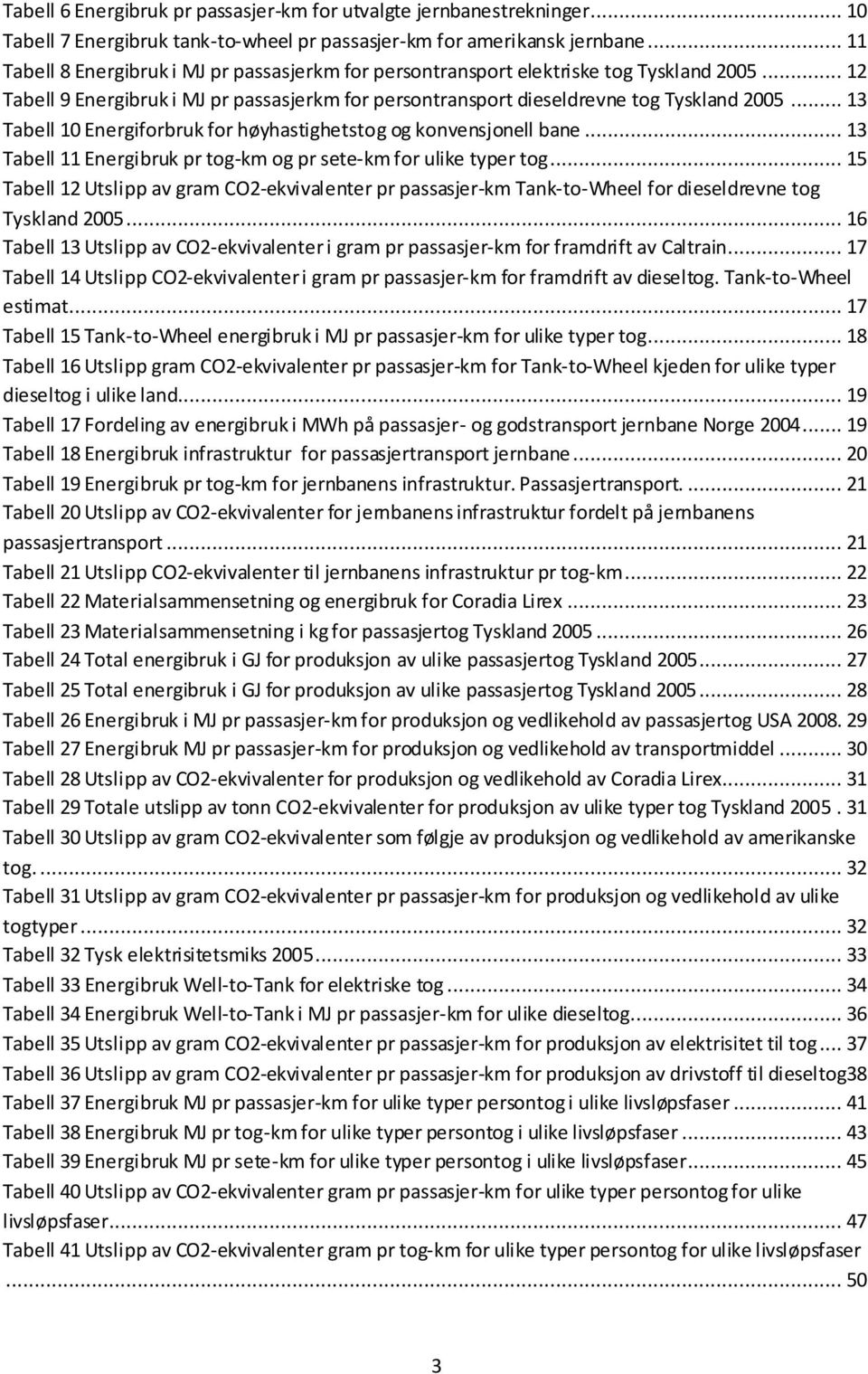 .. 13 Tabell 10 Energiforbruk for høyhastighetstog og konvensjonell bane... 13 Tabell 11 Energibruk pr tog-km og pr sete-km for ulike typer tog.