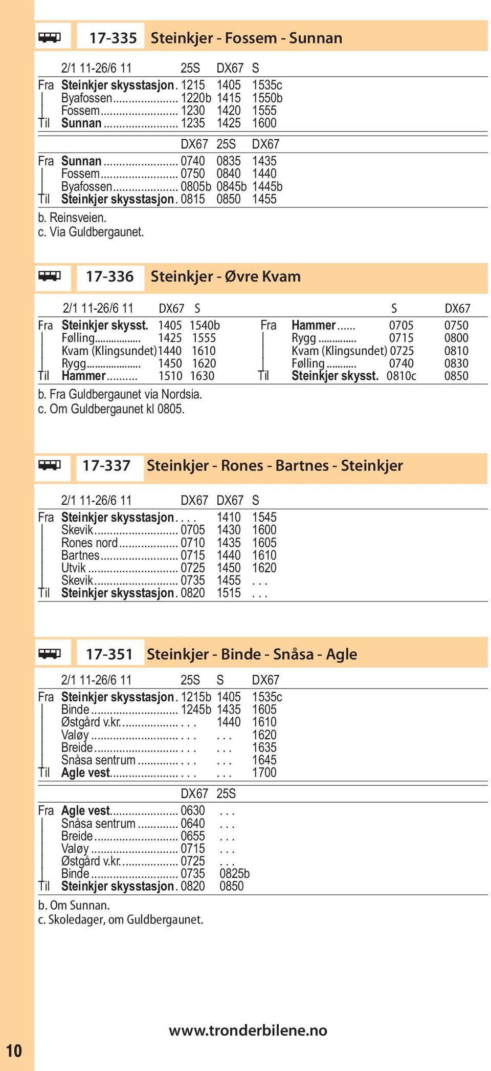ÿ 17-336 Steinkjer - Øvre Kvam 2/1 11-26/6 11 DX67 S S DX67 Fra Steinkjer skysst. 1405 1540b Fra Hammer... 0705 0750 Følling... 1425 1555 Rygg.
