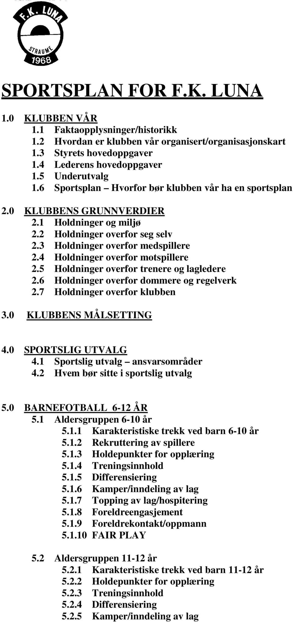 4 Holdninger overfor motspillere 2.5 Holdninger overfor trenere og lagledere 2.6 Holdninger overfor dommere og regelverk 2.7 Holdninger overfor klubben 3.0 KLUBBENS MÅLSETTING 4.0 SPORTSLIG UTVALG 4.