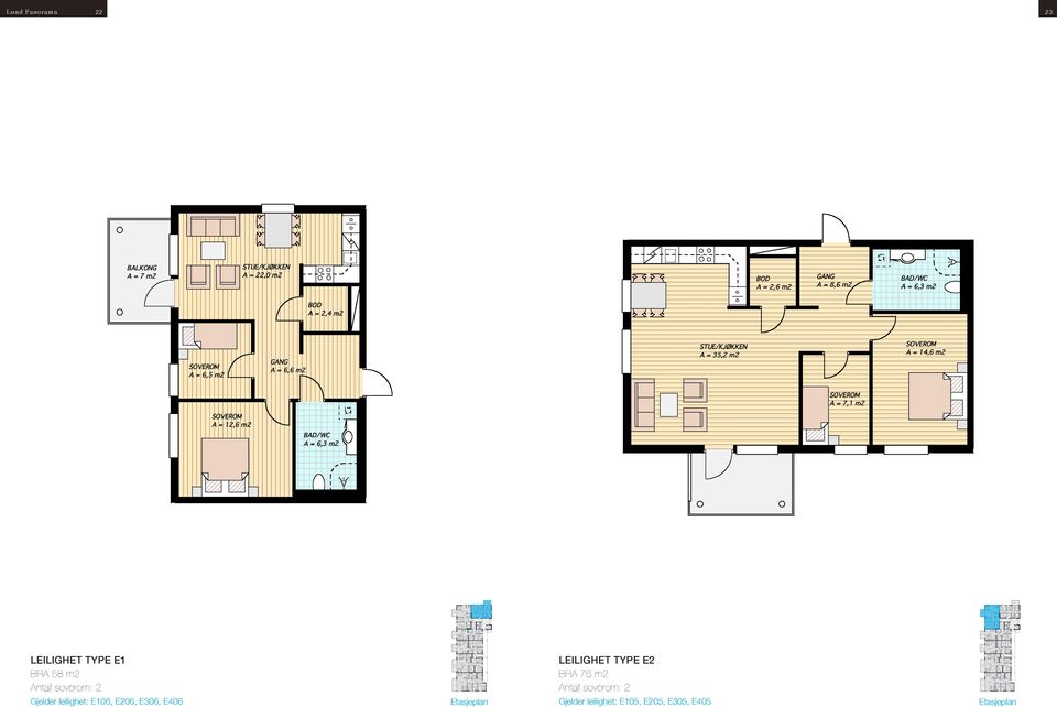 2011 LEILIGHET TYPE E1 BRA 58 m2 Antall soverom: 2 Gjelder leilighet: E106, E206, E306, E406 LEILIGHET TYPE E1 BRA K = 58