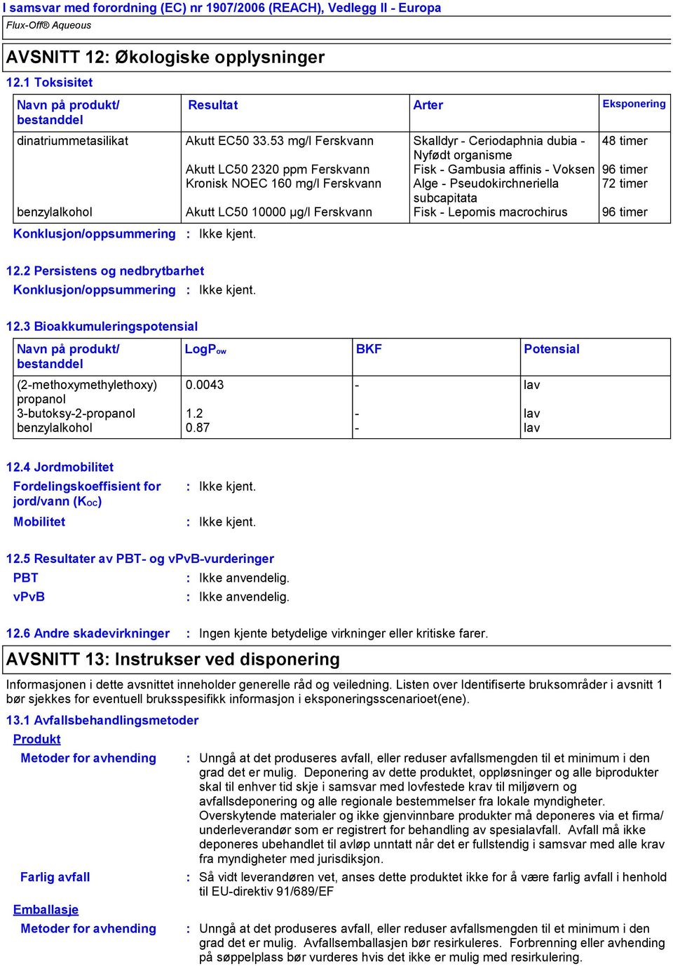 timer subcapitata benzylalkohol Akutt LC50 10000 µg/l Ferskvann Fisk Lepomis macrochirus 96 timer Konklusjon/oppsummering Arter Eksponering 12.2 Persistens og nedbrytbarhet Konklusjon/oppsummering 12.