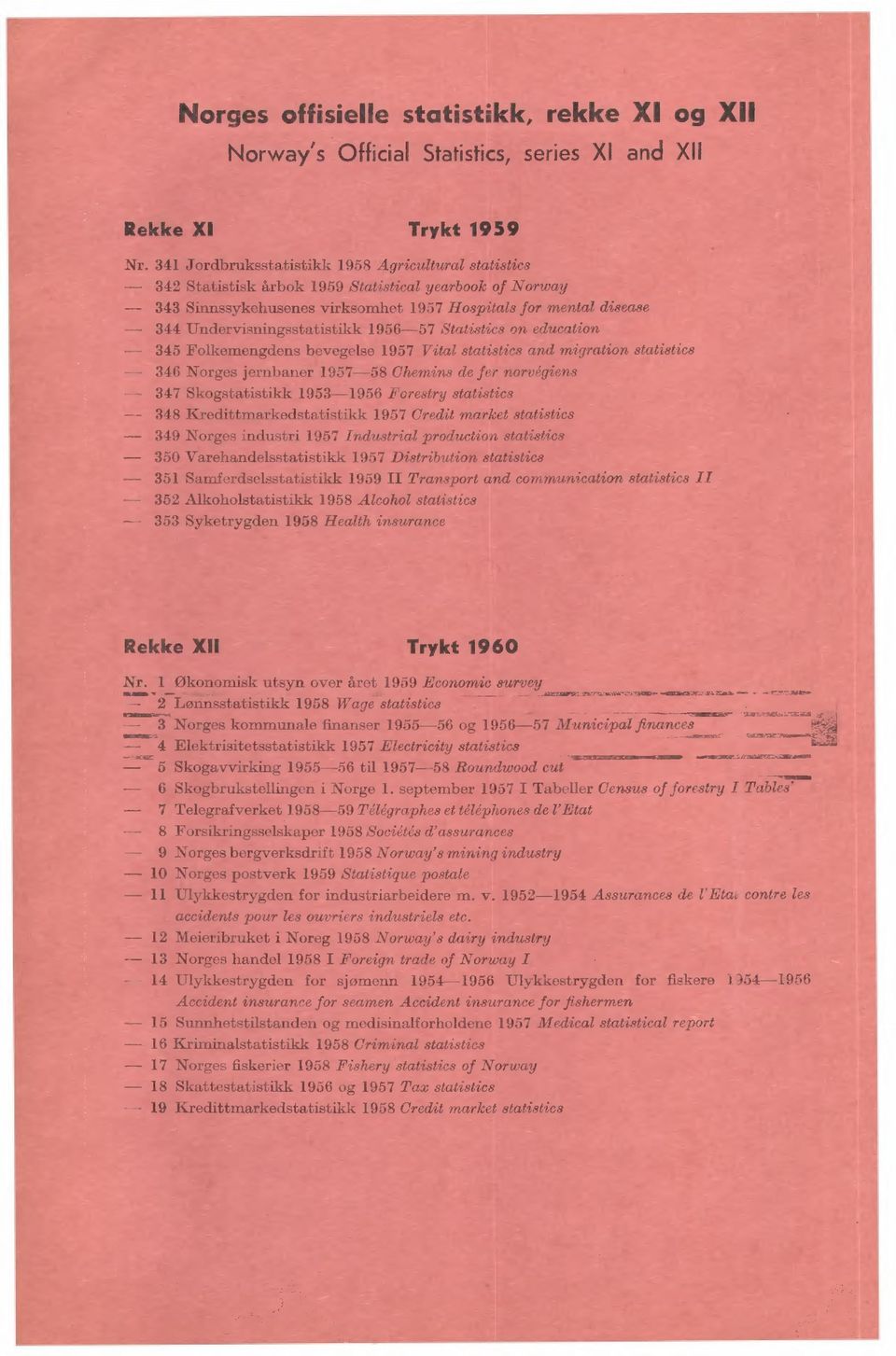 956-57 Statistics on education 345 Folkemengdens bevegelse 957 Vital statistics and migration statistics 346 Norges jernbaner 957-58 Chemins de fer norvggiens 347 Skogstatistikk 953-956 Forestry