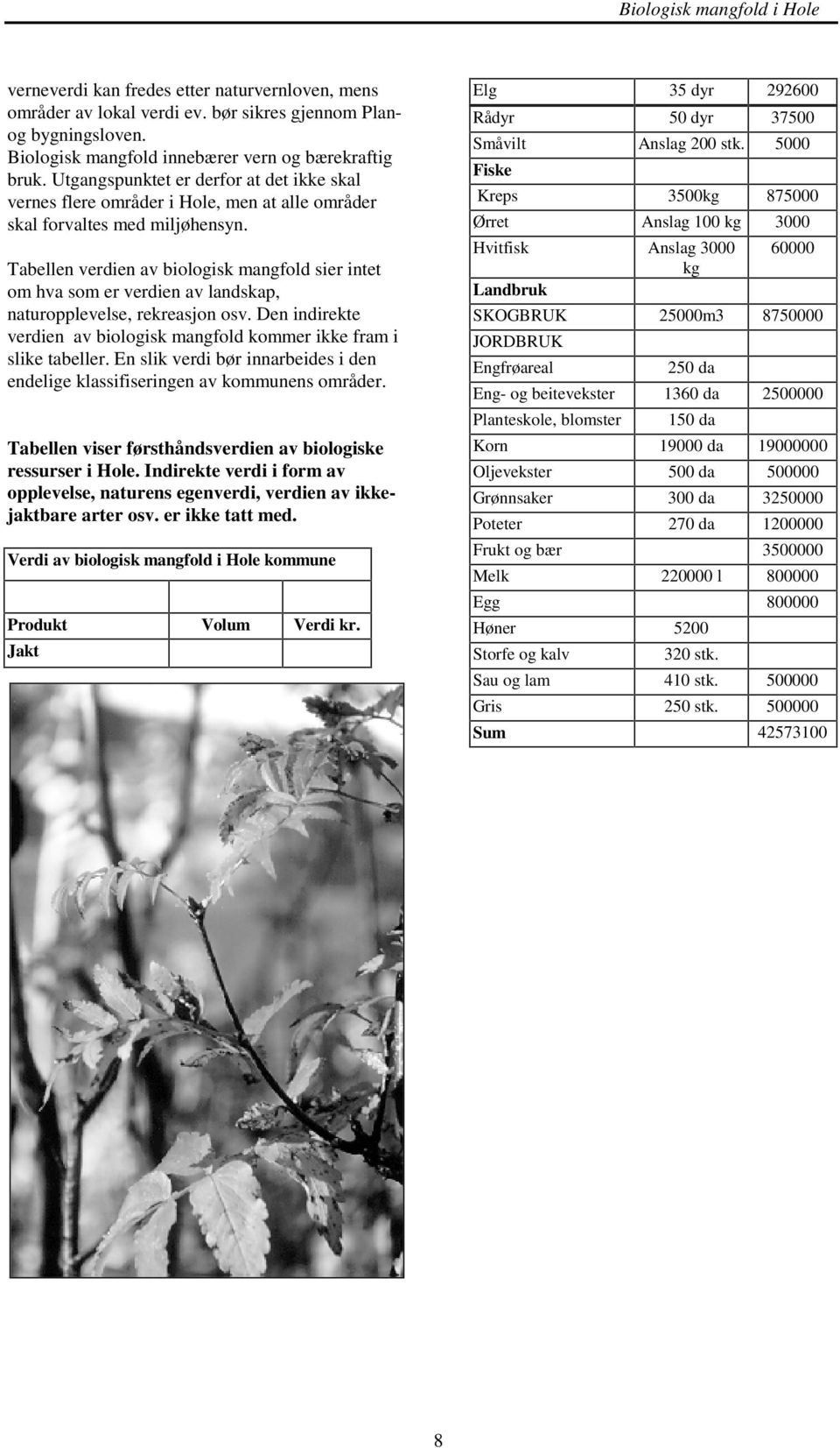 Tabellen verdien av biologisk mangfold sier intet om hva som er verdien av landskap, naturopplevelse, rekreasjon osv. Den indirekte verdien av biologisk mangfold kommer ikke fram i slike tabeller.