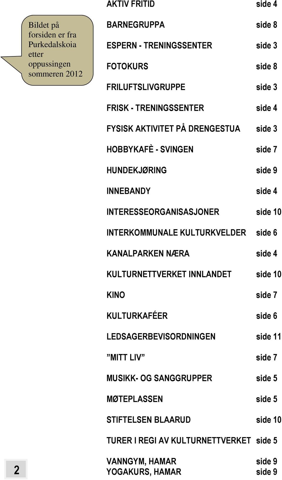 INTERESSEORGANISASJONER side 10 INTERKOMMUNALE KULTURKVELDER side 6 KANALPARKEN NÆRA side 4 KULTURNETTVERKET INNLANDET side 10 KINO side 7 KULTURKAFÉER side 6