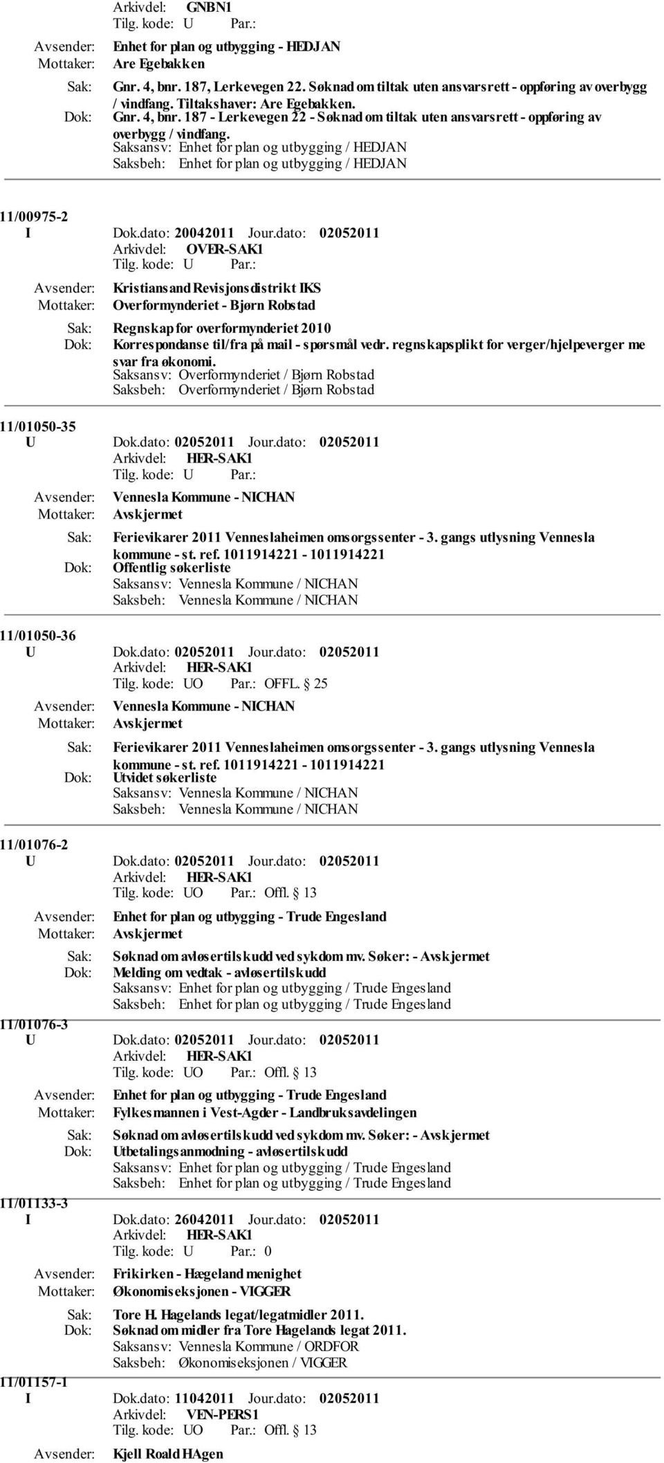 dato: Arkivdel: OVER-SAK1 Kristiansand Revisjonsdistrikt IKS Regnskap for overformynderiet 2010 Korrespondanse til/fra på mail - spørsmål vedr.