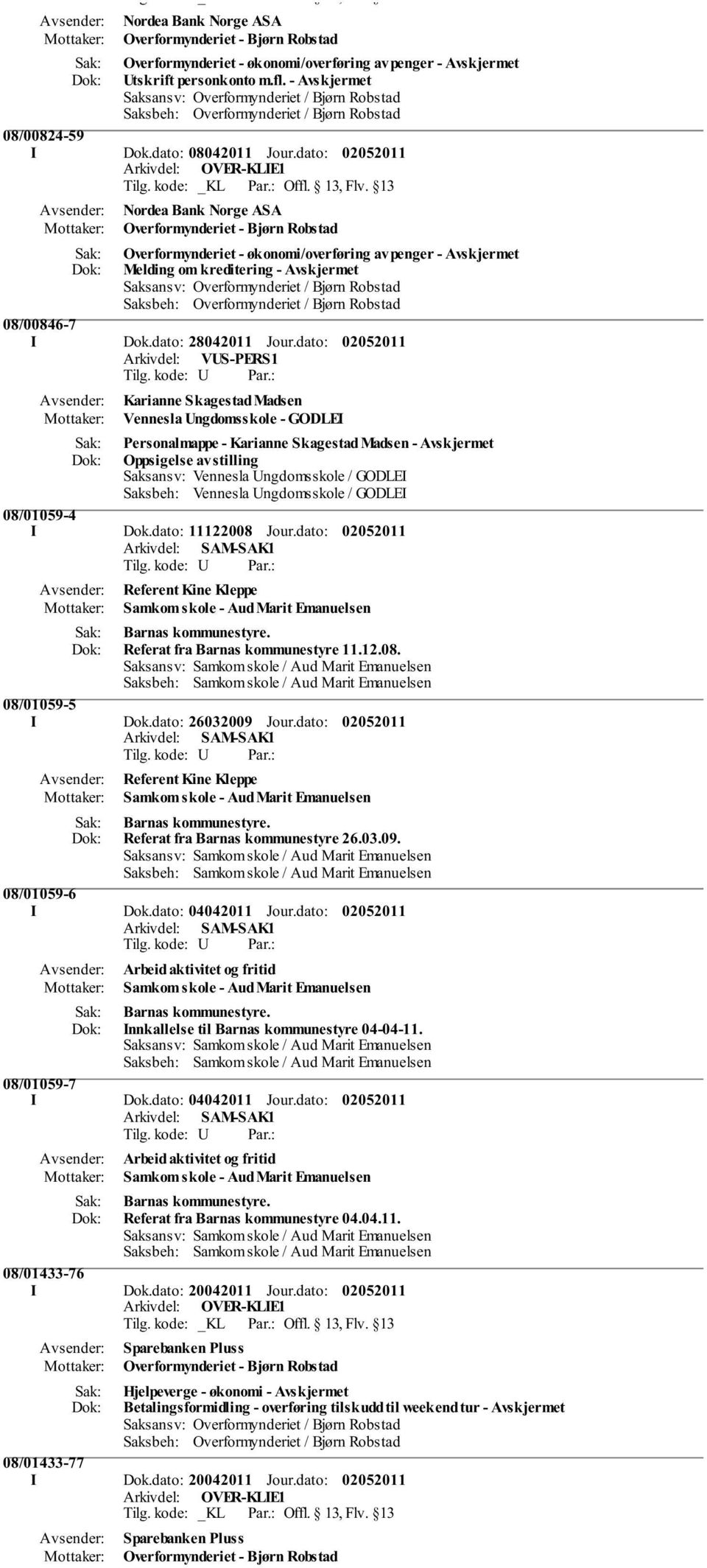 dato: Arkivdel: VUS-PERS1 Karianne Skagestad Madsen Vennesla Ungdomsskole - GODLEI Personalmappe - Karianne Skagestad Madsen - Avskjermet Oppsigelse av stilling Saksansv: Vennesla Ungdomsskole /