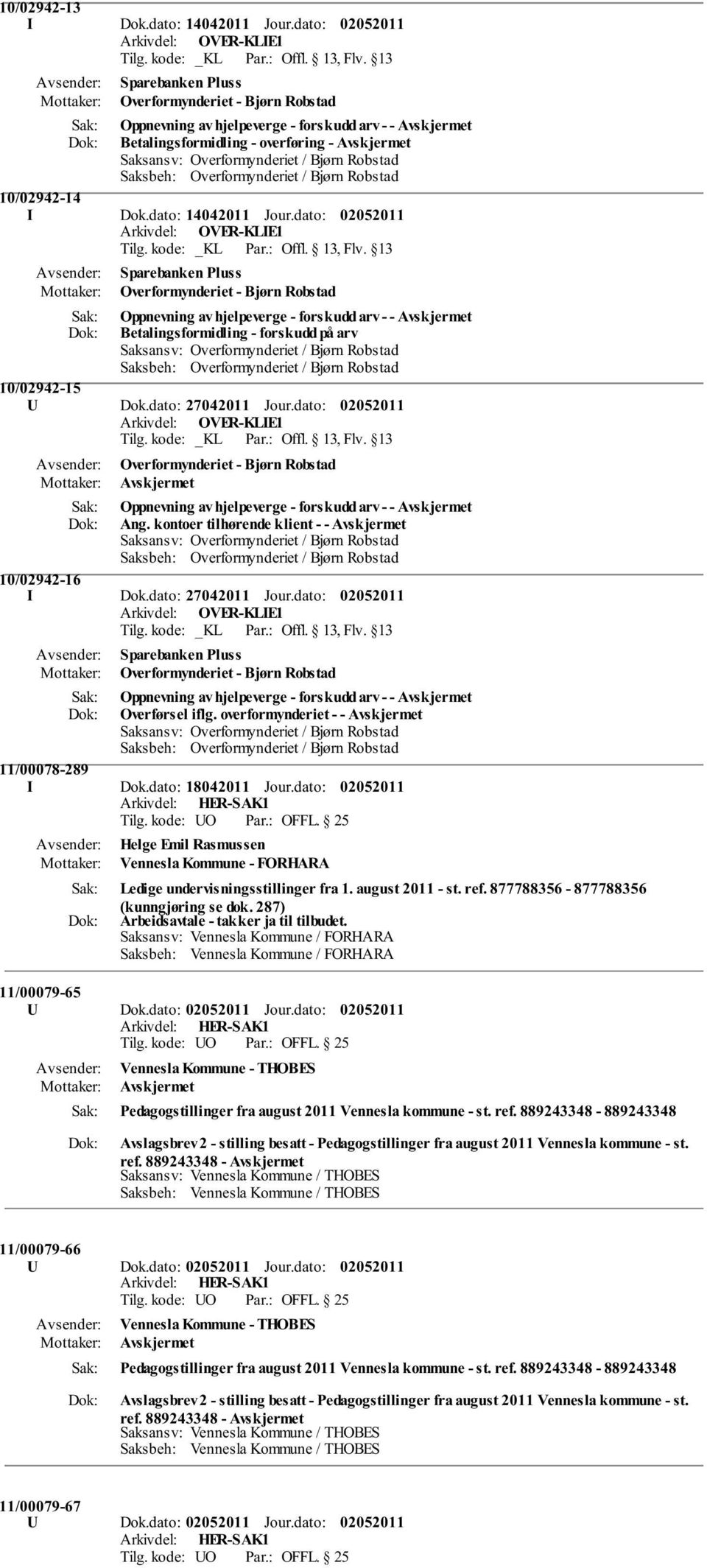 dato: Overformynderiet - Bjørn Robstad Oppnevning av hjelpeverge - forskudd arv - - Avskjermet Ang. kontoer tilhørende klient - - Avskjermet 10/02942-16 I Dok.dato: 27042011 Jour.