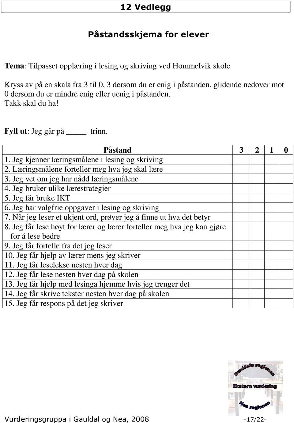 Læringsmålene forteller meg hva jeg skal lære 3. Jeg vet om jeg har nådd læringsmålene 4. Jeg bruker ulike lærestrategier 5. Jeg får bruke IKT 6. Jeg har valgfrie oppgaver i lesing og skriving 7.