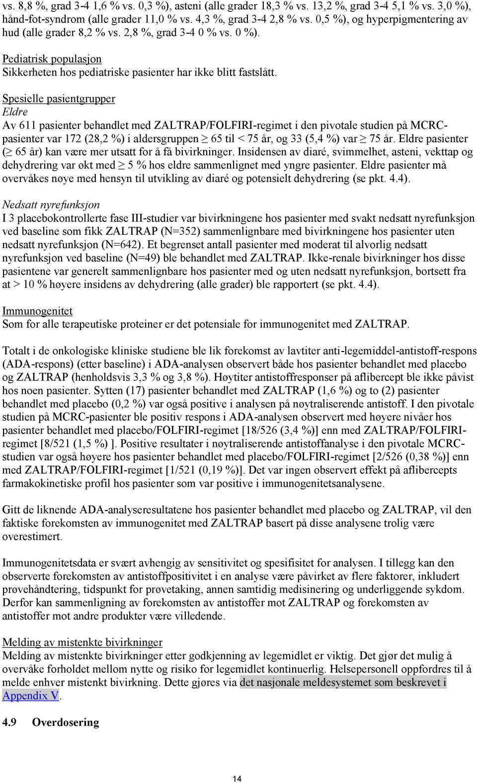 Spesielle pasientgrupper Eldre Av 611 pasienter behandlet med ZALTRAP/FOLFIRI-regimet i den pivotale studien på MCRCpasienter var 172 (28,2 %) i aldersgruppen 65 til < 75 år, og 33 (5,4 %) var 75 år.