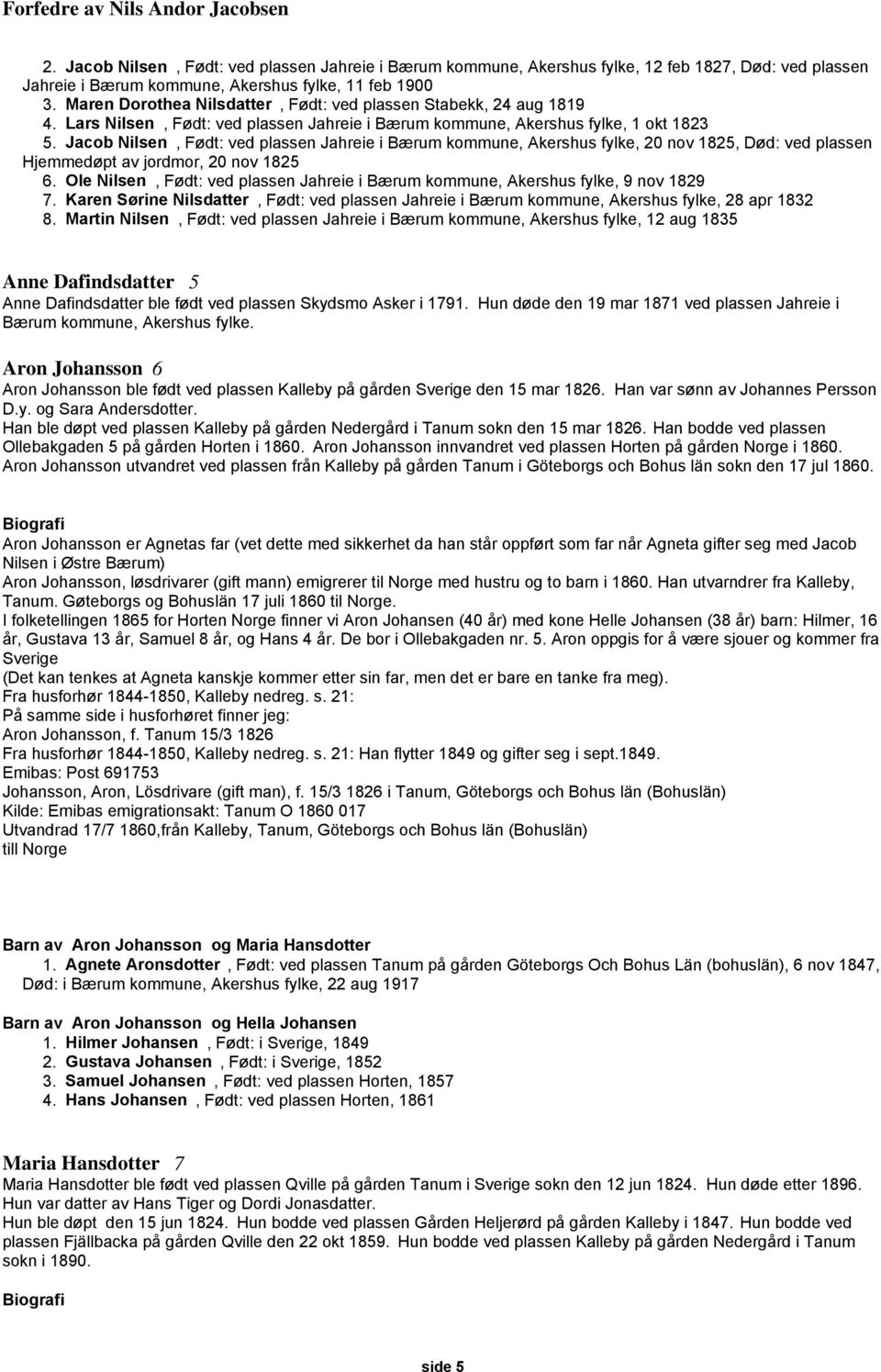 Jacob Nilsen, Født: ved plassen Jahreie i Bærum kommune, Akershus fylke, 20 nov 1825, Død: ved plassen Hjemmedøpt av jordmor, 20 nov 1825 6.