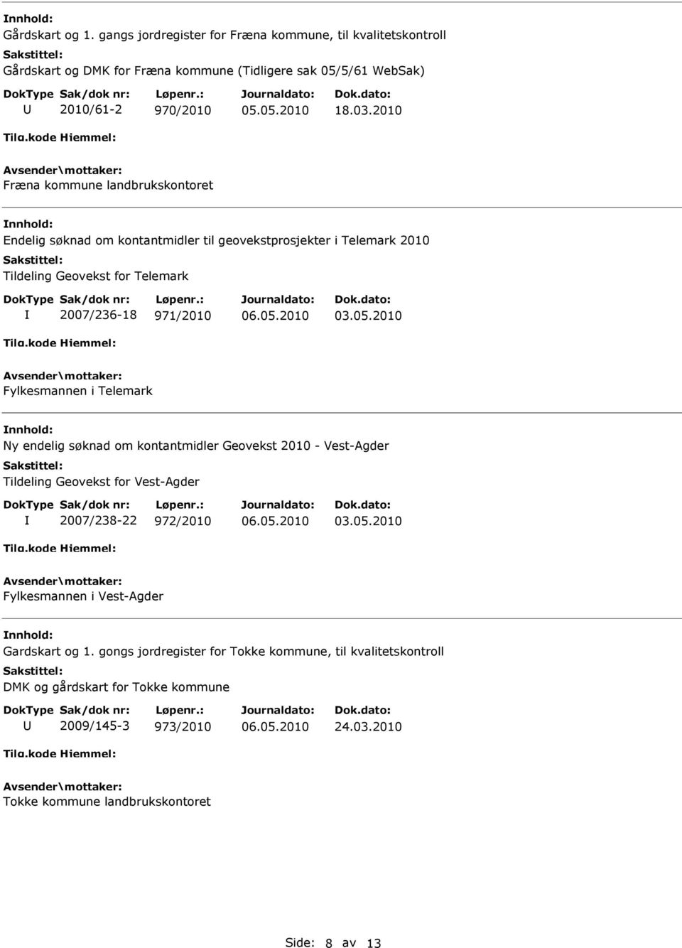 Fylkesmannen i Telemark Ny endelig søknad om kontantmidler Geovekst 2010 - Vest-Agder Tildeling Geovekst for Vest-Agder 2007/238-22 972/2010 Fylkesmannen i Vest-Agder