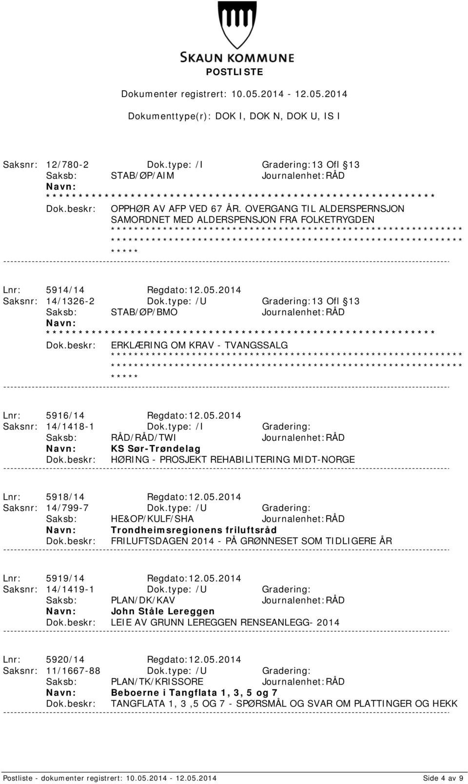 type: /U Gradering:13 Ofl 13 Saksb: STAB/ØP/BMO Journalenhet:RÅD ERKLÆRING OM KRAV - TVANGSSALG Lnr: 5916/14 Regdato:12.05.2014 Saksnr: 14/1418-1 Dok.