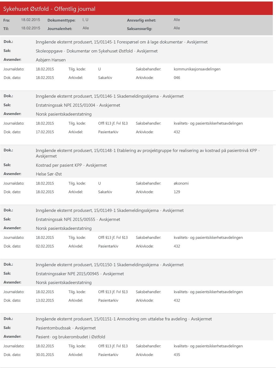 2015 Arkivdel: Pasientarkiv Arkivkode: 432 Inngående eksternt produsert, 15/01148-1 Etablering av prosjektgruppe for realisering av kostnad på pasientnivå KPP - Kostnad per pasient KPP - økonomi Dok.