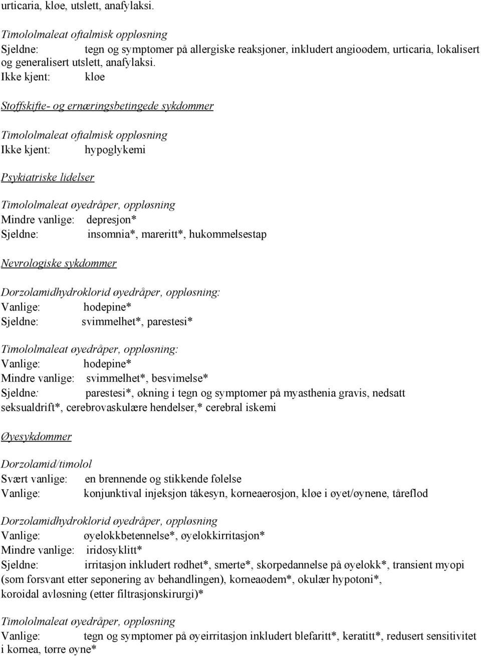 Ikke kjent: kløe Stoffskifte- og ernæringsbetingede sykdommer Timololmaleat oftalmisk oppløsning Ikke kjent: hypoglykemi Psykiatriske lidelser Mindre vanlige: depresjon* Sjeldne: insomnia*,