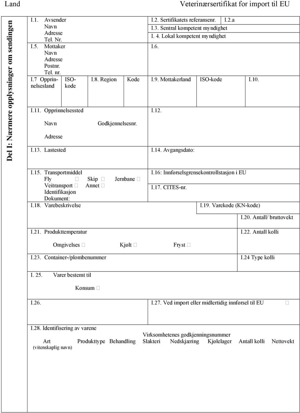 Mottakerland ISO-kode I.10. I.12. Godkjennelsesnr. I.14. Avgangsdato: I.15. Transportmiddel Fly Skip Jernbane Veitransport Annet Identifikasjon Dokument: I.18. Varebeskrivelse I.