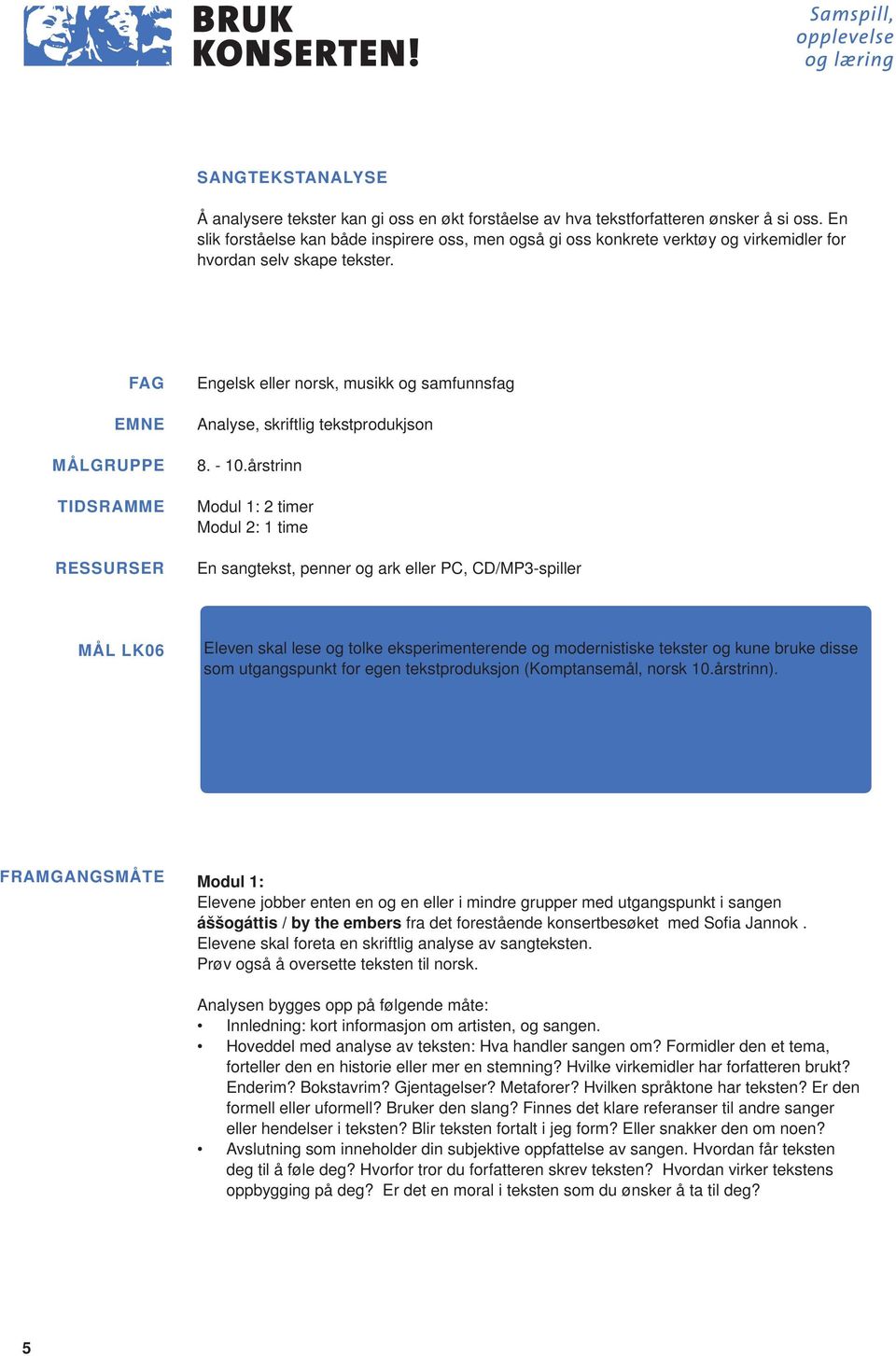 FAG EMNE MÅLGRUPPE TIDSRAMME RESSURSER Engelsk eller norsk, musikk og samfunnsfag Analyse, skriftlig tekstprodukjson 8. - 10.