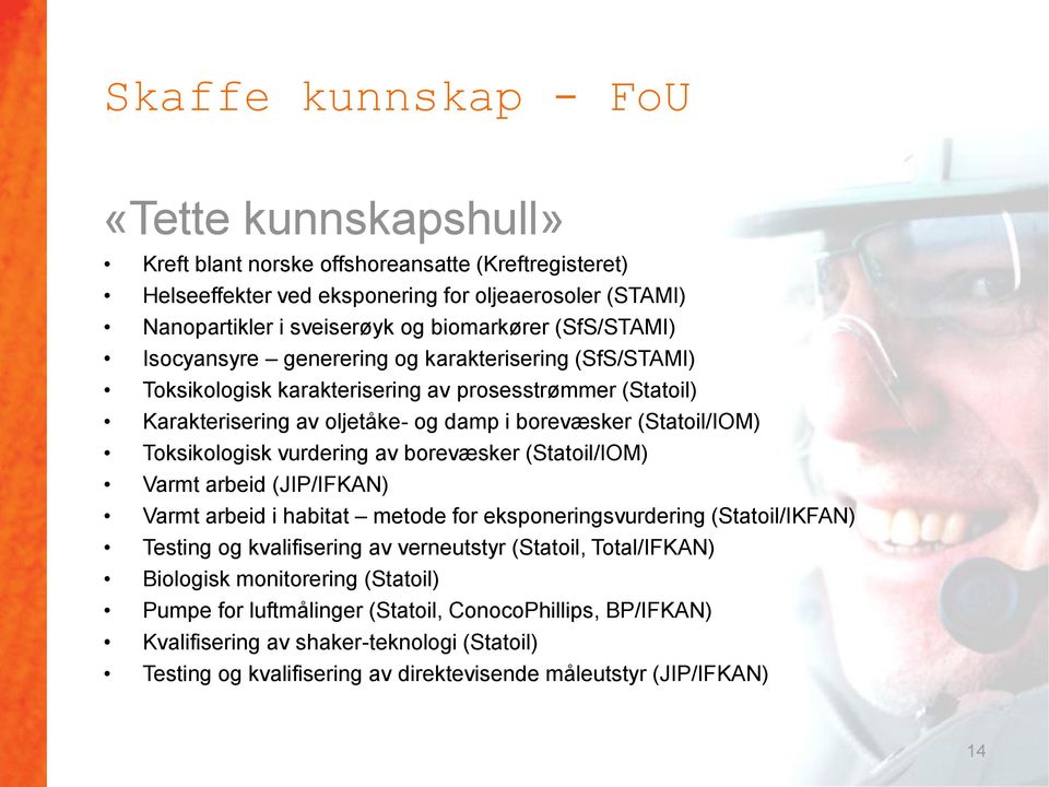 Toksikologisk vurdering av borevæsker (Statoil/IOM) Varmt arbeid (JIP/IFKAN) Varmt arbeid i habitat metode for eksponeringsvurdering (Statoil/IKFAN) Testing og kvalifisering av verneutstyr (Statoil,