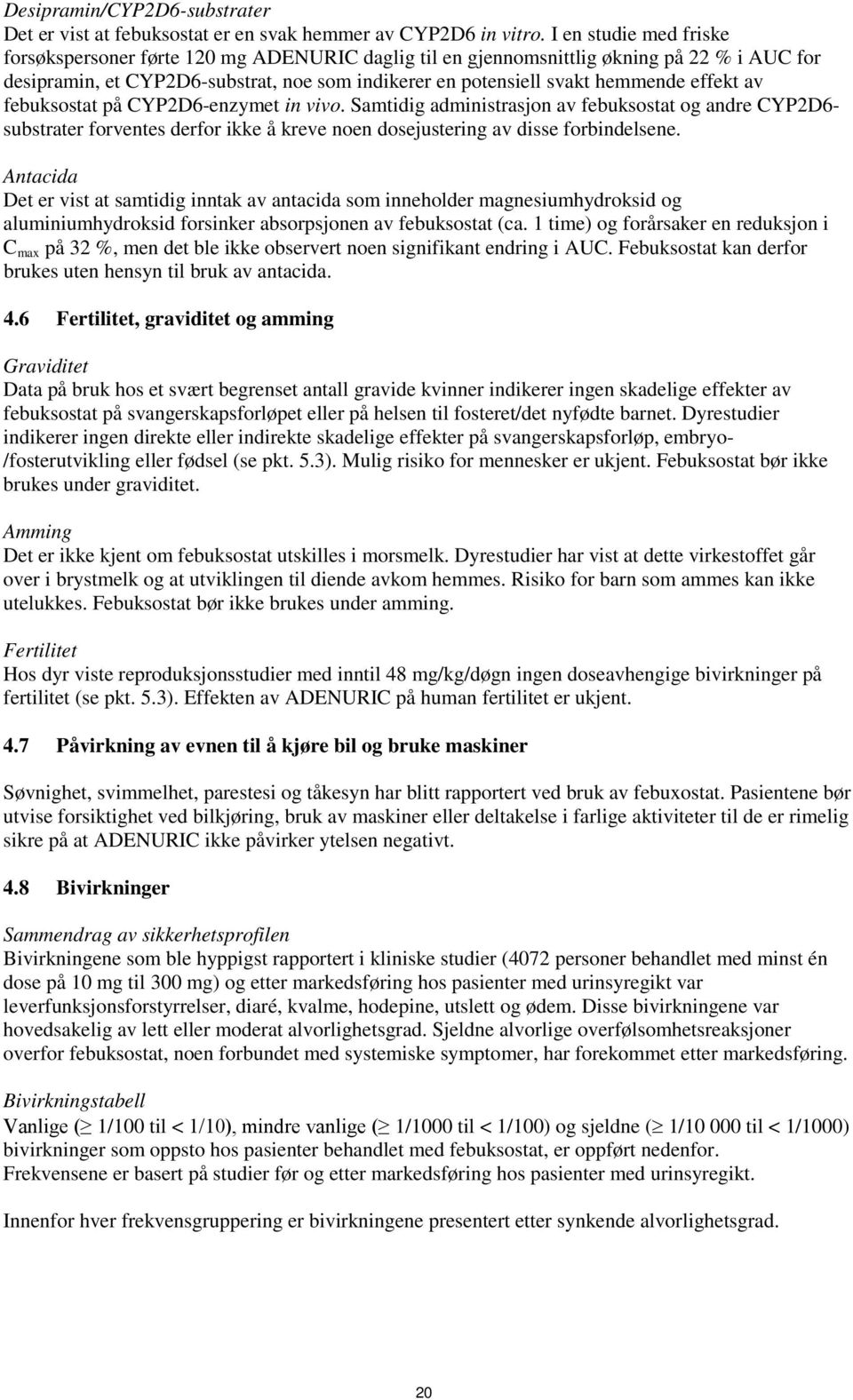 effekt av febuksostat på CYP2D6-enzymet in vivo. Samtidig administrasjon av febuksostat og andre CYP2D6- substrater forventes derfor ikke å kreve noen dosejustering av disse forbindelsene.