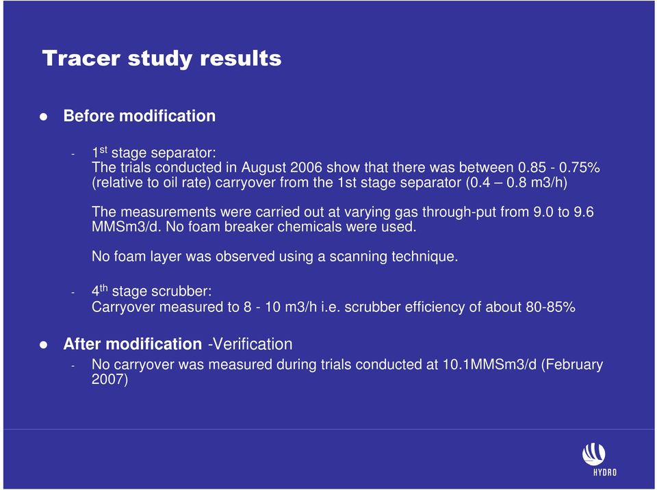 0 to 9.6 MMSm3/d. No foam breaker chemicals were used. No foam layer was observed using a scanning technique.