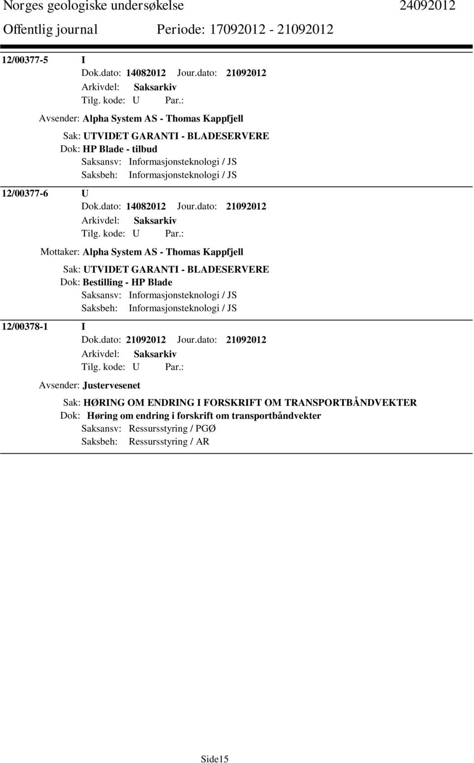 Informasjonsteknologi / JS 12/00377-6 U Dok.dato: 14082012 Jour.