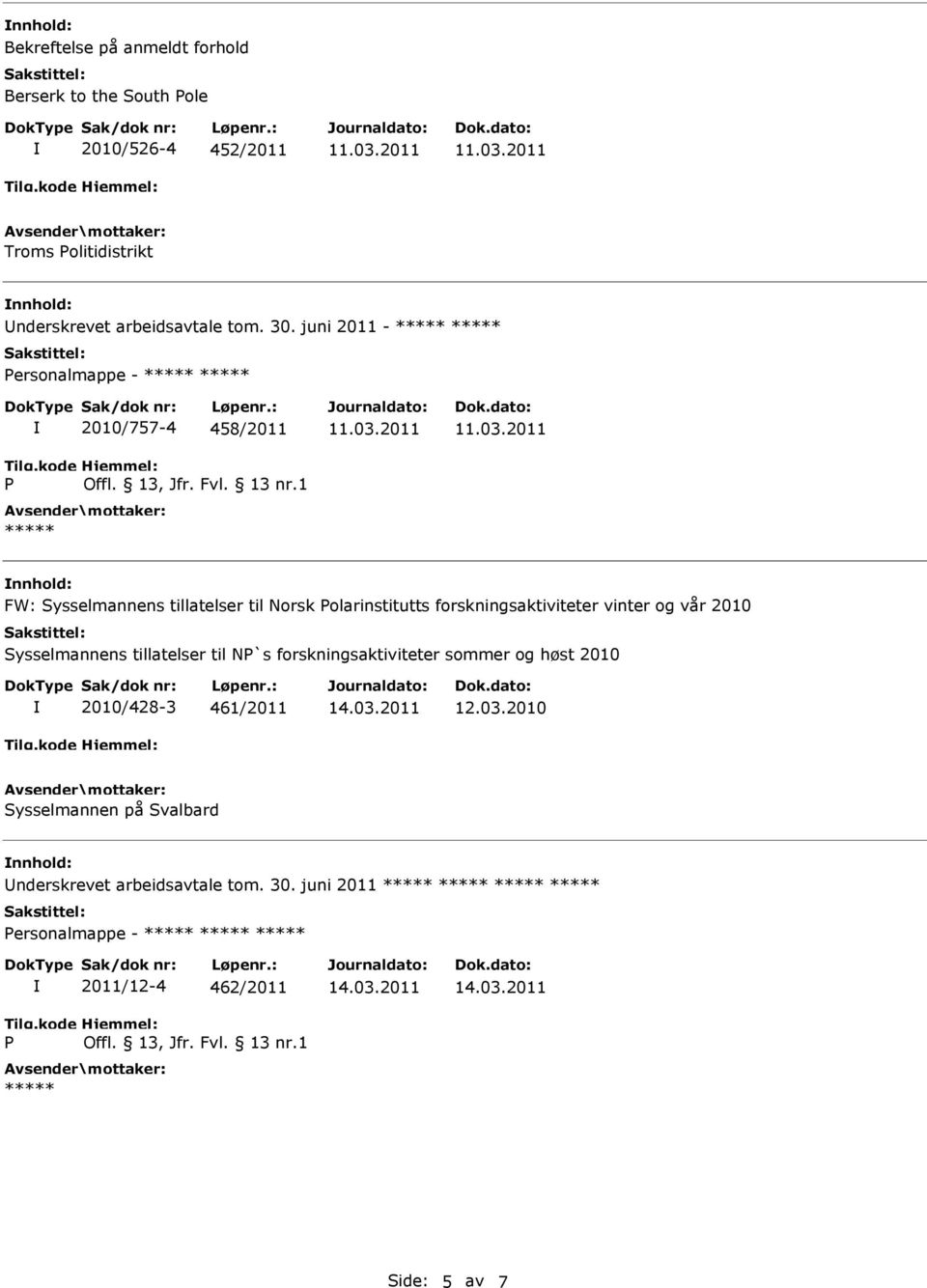 juni 2011 - ersonalmappe - 2010/757-4 458/2011 nnhold: FW: Sysselmannens tillatelser til Norsk olarinstitutts forskningsaktiviteter vinter