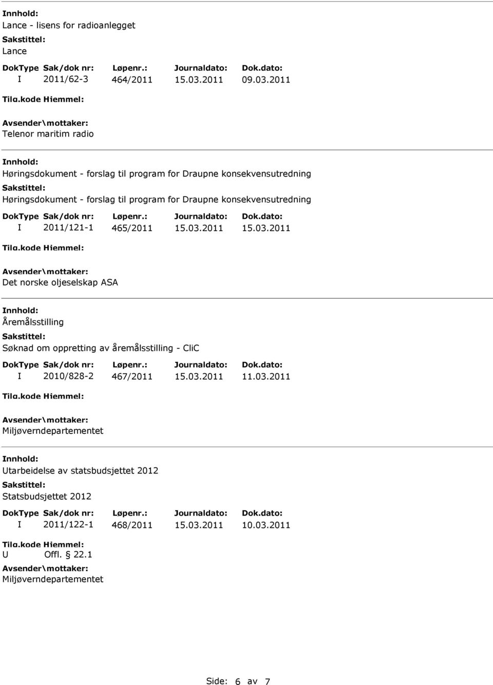 program for Draupne konsekvensutredning 2011/121-1 465/2011 Det norske oljeselskap ASA nnhold: Åremålsstilling Søknad om oppretting av