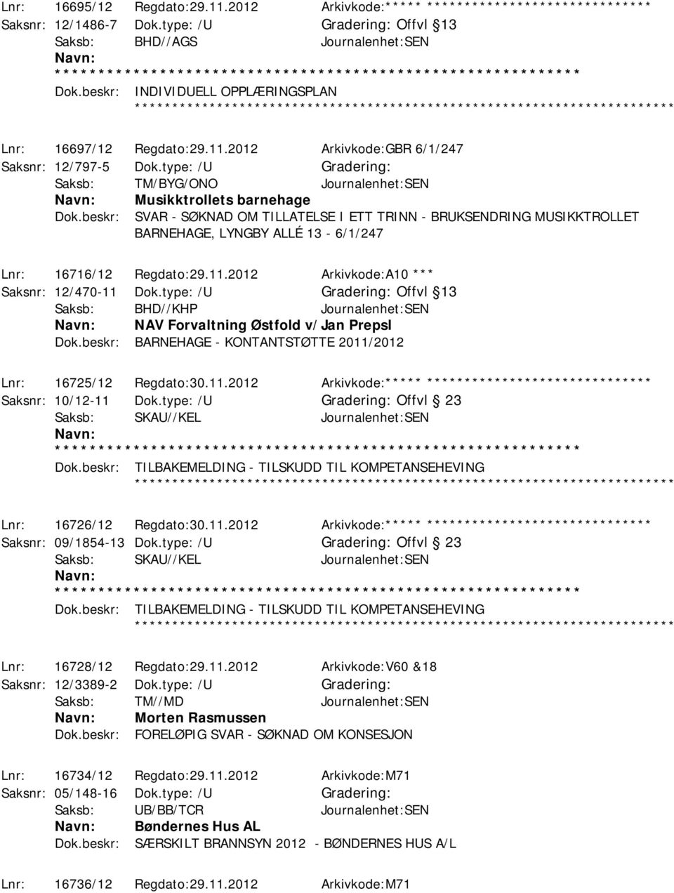 beskr: SVAR - SØKNAD OM TILLATELSE I ETT TRINN - BRUKSENDRING MUSIKKTROLLET BARNEHAGE, LYNGBY ALLÉ 13-6/1/247 Lnr: 16716/12 Regdato:29.11.2012 Arkivkode:A10 *** Saksnr: 12/470-11 Dok.