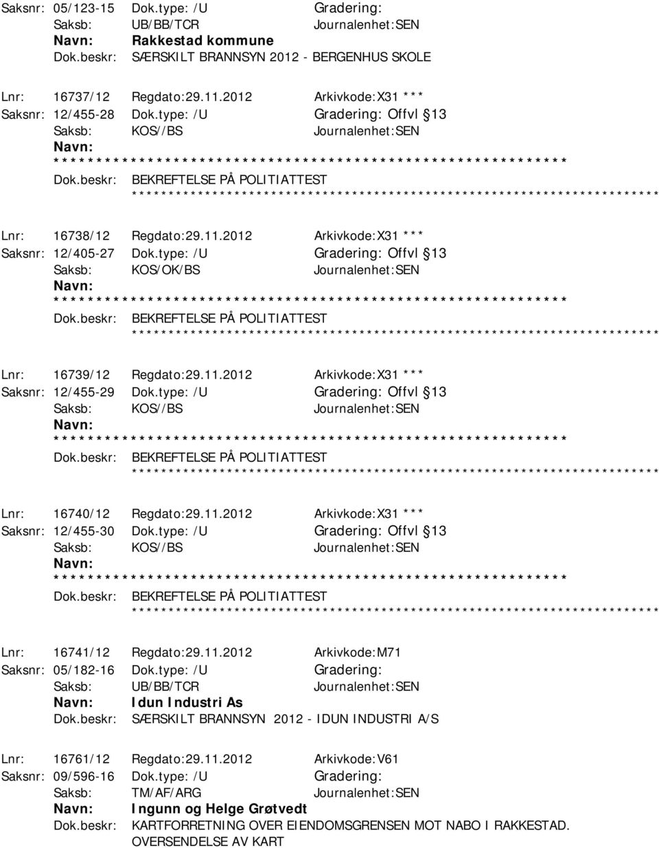 2012 Arkivkode:X31 *** Saksnr: 12/405-27 Dok.type: /U Offvl 13 Saksb: KOS/OK/BS Journalenhet:SEN Dok.beskr: BEKREFTELSE PÅ POLITIATTEST ************ Lnr: 16739/12 Regdato:29.11.