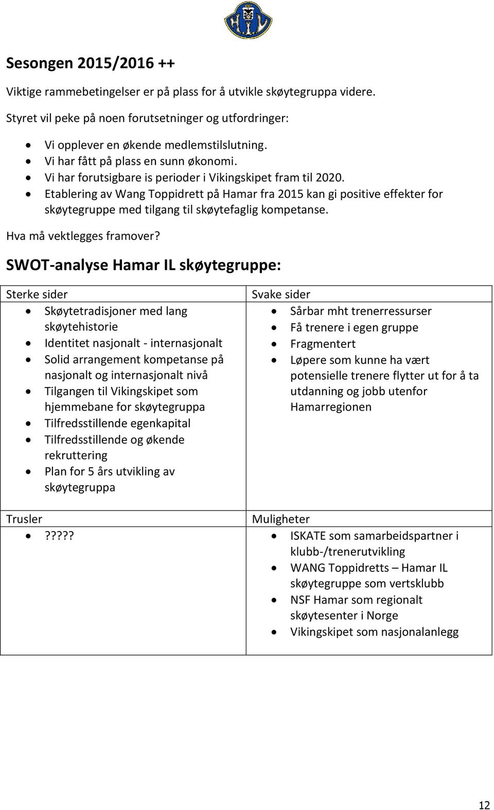 Etablering av Wang Toppidrett på fra 2015 kan gi positive effekter for skøytegruppe med tilgang til skøytefaglig kompetanse. Hva må vektlegges framover?