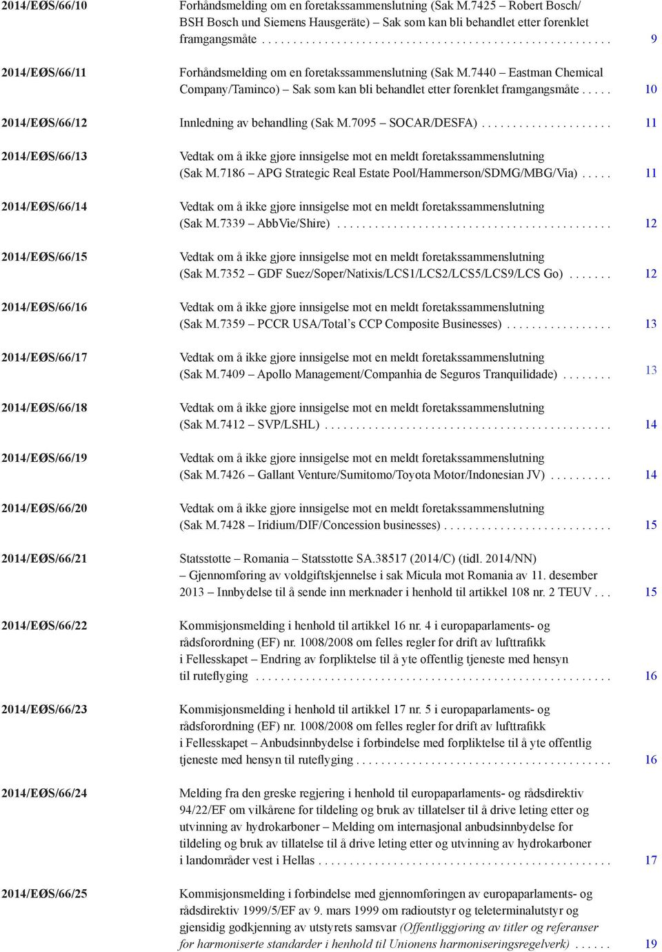 ... 10 2014/EØS/66/12 Innledning av behandling (Sak M.7095 SOCAR/DESFA).... 11 2014/EØS/66/13 Vedtak om å ikke gjøre innsigelse mot en meldt foretakssammenslutning (Sak M.