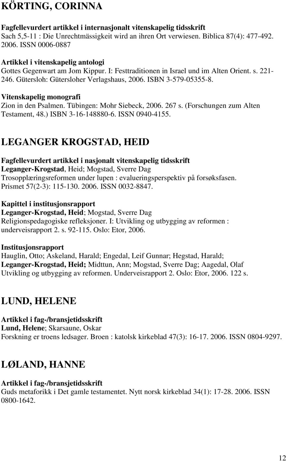 ISBN 3-579-05355-8. Vitenskapelig monografi Zion in den Psalmen. Tübingen: Mohr Siebeck, 2006. 267 s. (Forschungen zum Alten Testament, 48.) ISBN 3-16-148880-6. ISSN 0940-4155.