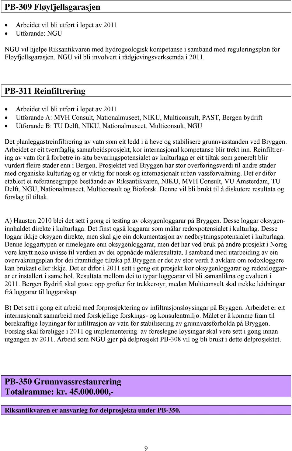 PB-311 Reinfiltrering Arbeidet vil bli utført i løpet av 2011 Utførande A: MVH Consult, Nationalmuseet, NIKU, Multiconsult, PAST, Bergen bydrift Utførande B: TU Delft, NIKU, Nationalmuseet,