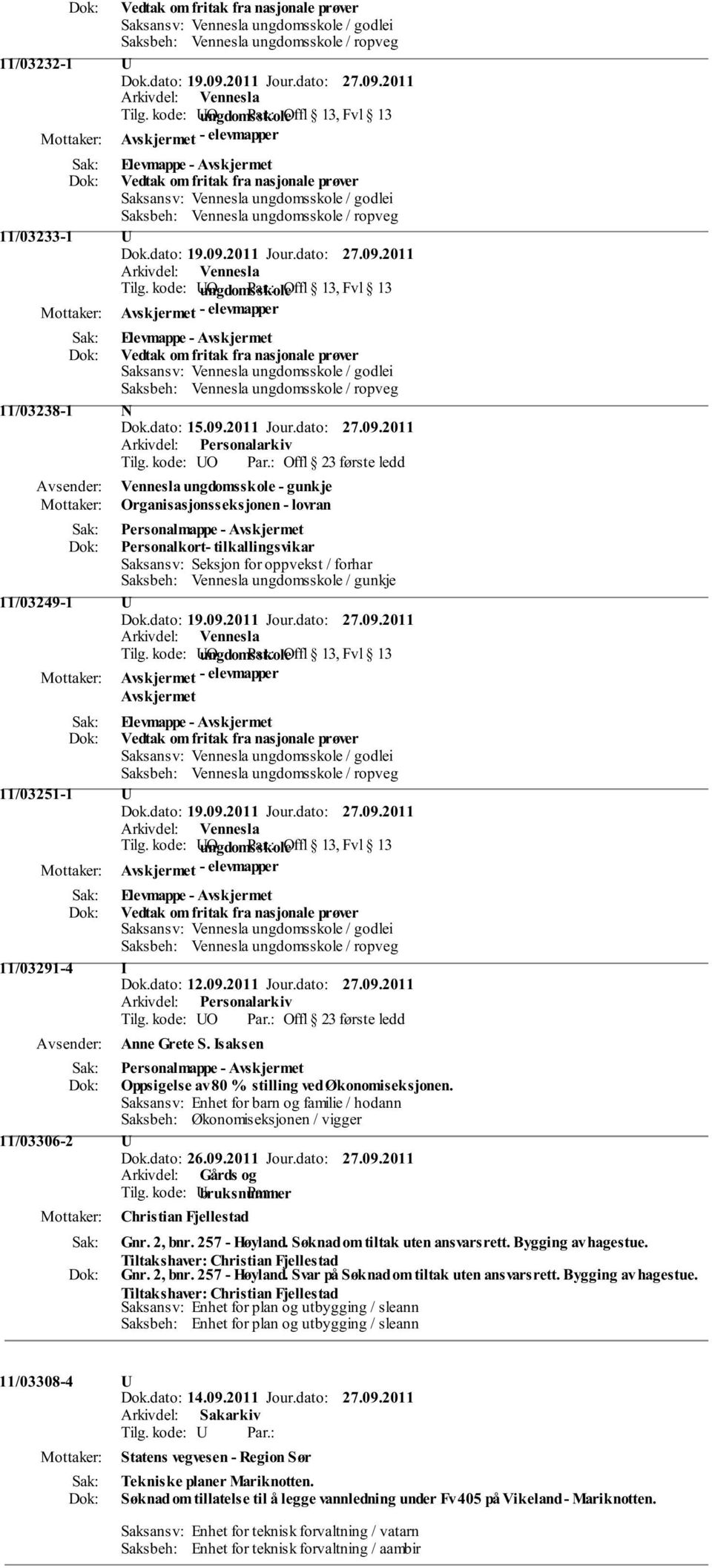 ungdomsskole / gunkje 11/03249-1 U 11/03251-1 U 11/03291-4 I Dok.dato: 12.09.2011 Jour.dato: 27.09.2011 Tilg. kode: UO Offl 23 første ledd Anne Grete S.