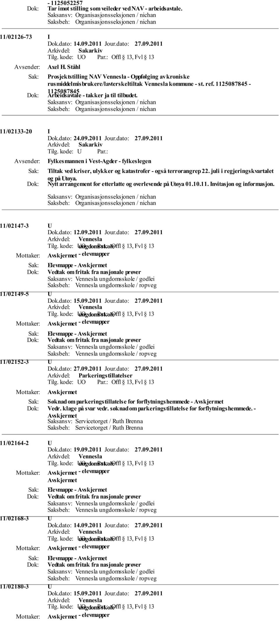 Saksansv: Organisasjonsseksjonen / nichan 11/02133-20 I Dok.dato: 24.09.2011 Jour.dato: 27.09.2011 Fylkesmannen i Vest-Agder - fylkeslegen Tiltak ved kriser, ulykker og katastrofer - også terrorangrep 22.