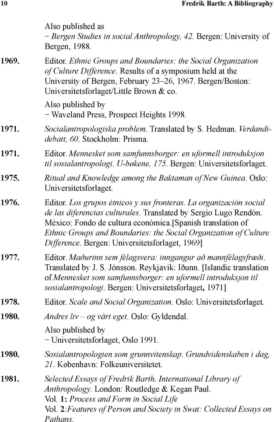 Bergen/Boston: Universitetsforlaget/Little Brown & co. Also published by Waveland Press, Prospect Heights 1998. 1971. Socialantropologiska problem. Translated by S. Hedman. Verdandidebatt, 60.