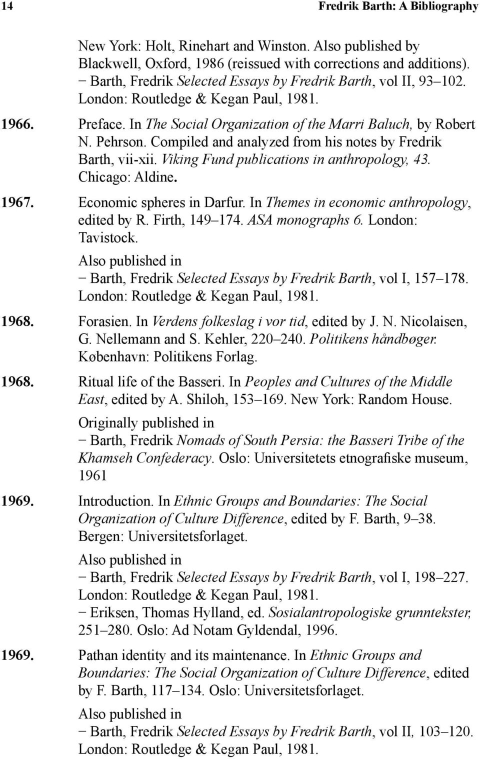 Compiled and analyzed from his notes by Fredrik Barth, vii-xii. Viking Fund publications in anthropology, 43. Chicago: Aldine. 1967. Economic spheres in Darfur.